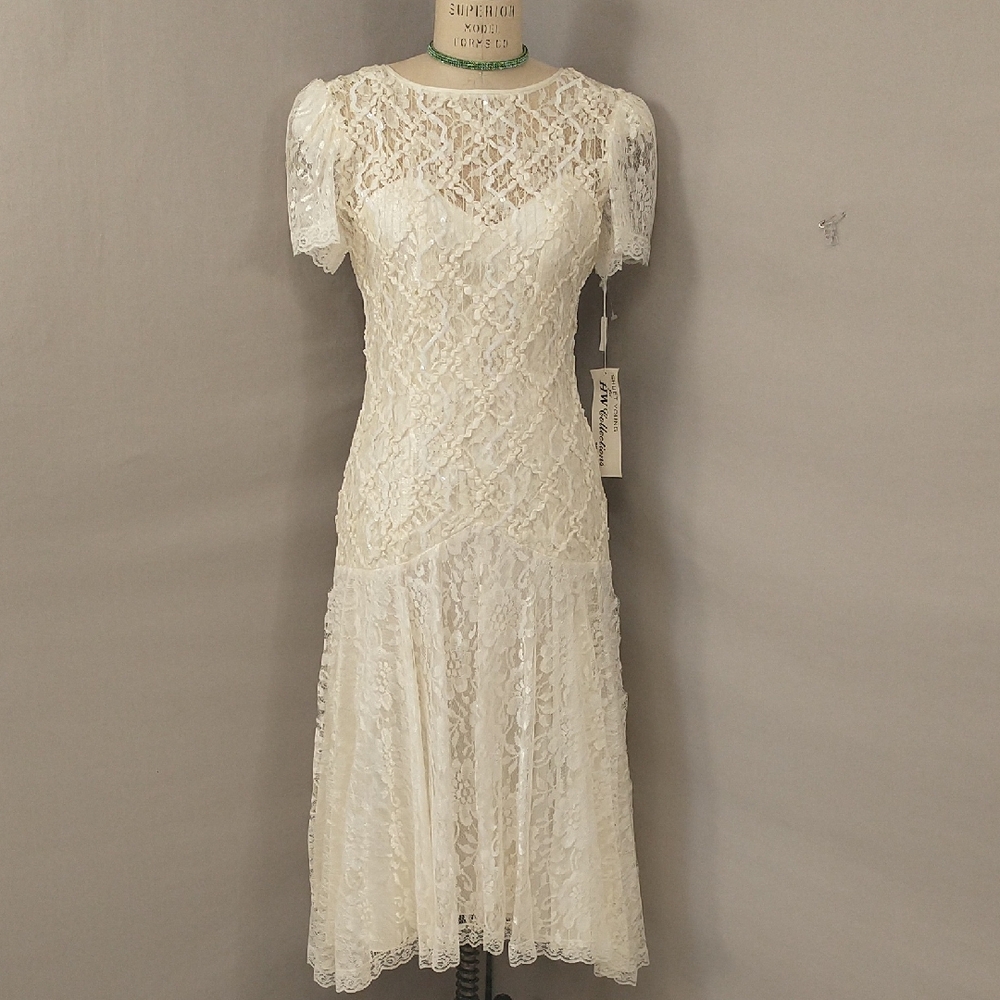 Vintage Deadstock Ivory Drop Waist Dress Sequin Lace USA Made 80s Lg 8 Romantic